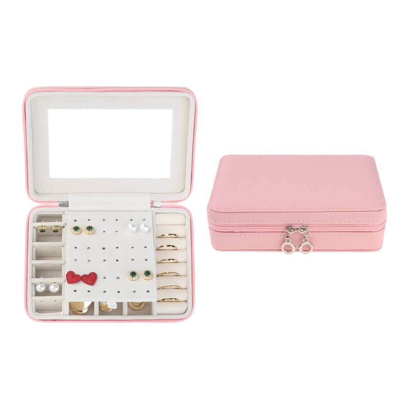 Travel Jewelry Box with Mirror for Girls, Portable PU Leather Jewelry Organizer Case Storage Display Holder - 20x15x6cm