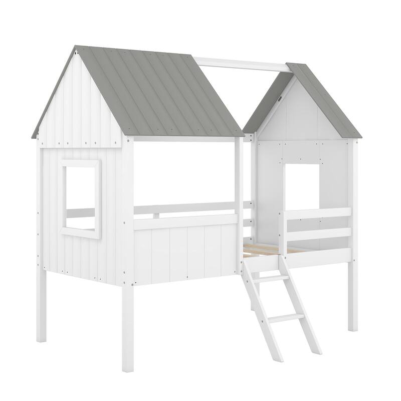 Kids Twin Size Low Loft House Bed with Windows and Roof, Durable Pine Wood Frame, Semi-Enclosed Design for Better Sleep