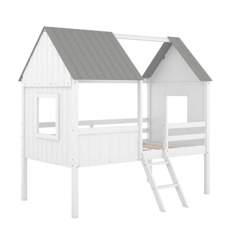 Wooden Twin Size Low Loft Bed Playhouse Bed with 2 Side Windows & Roof