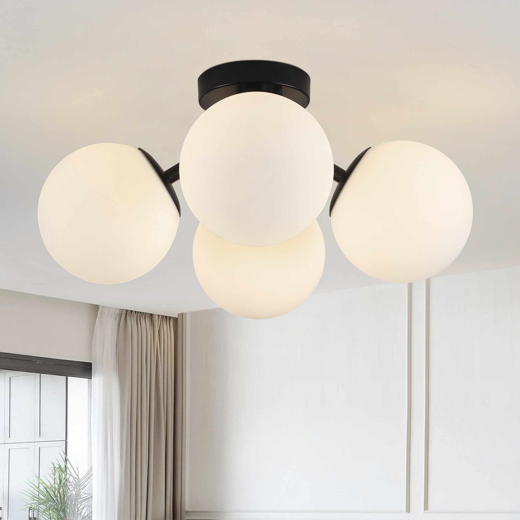 4 Light Globe Mid Century Semi Flush Mount Ceiling Light Fixture, with Globe White Glass for Dining Room