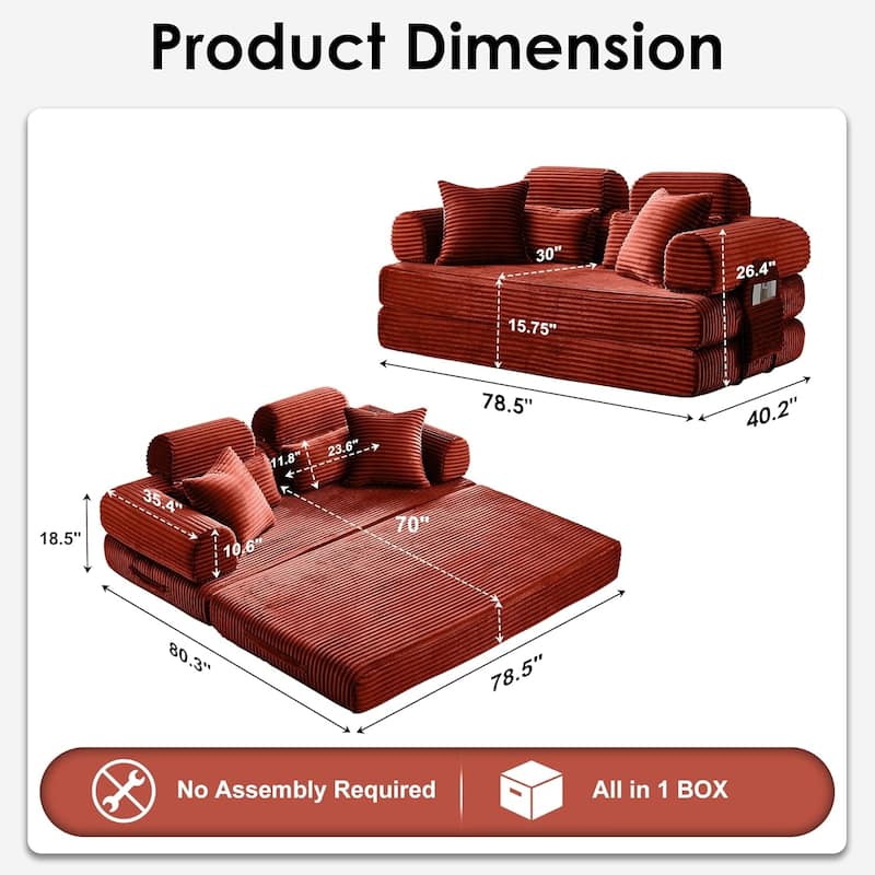 Convertible Sleeper Sofa Bed, 78.5" Corduroy Foldable Loveseat Sofa, King Size Floor Mattress Couch, No Assembly Required
