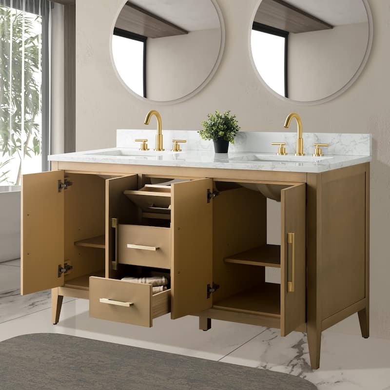 Vanity Art 60" Double Sink Bathroom Vanity Cabinet with Engineered Marble Top