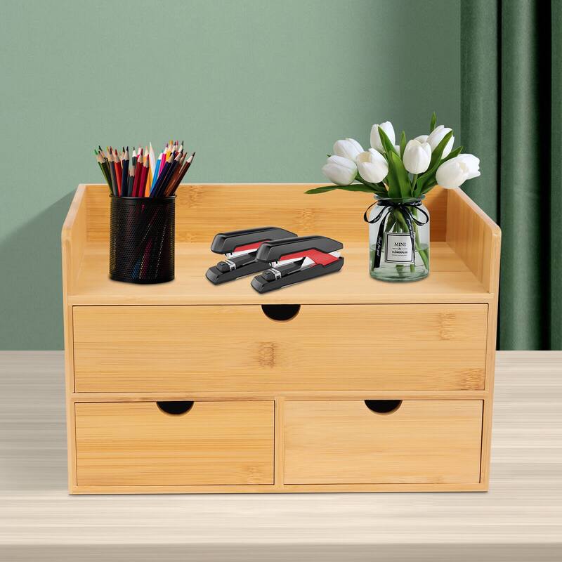 Bamboo Desktop Stackable Office Home Desk Storage Box - Wood-3 Drawer
