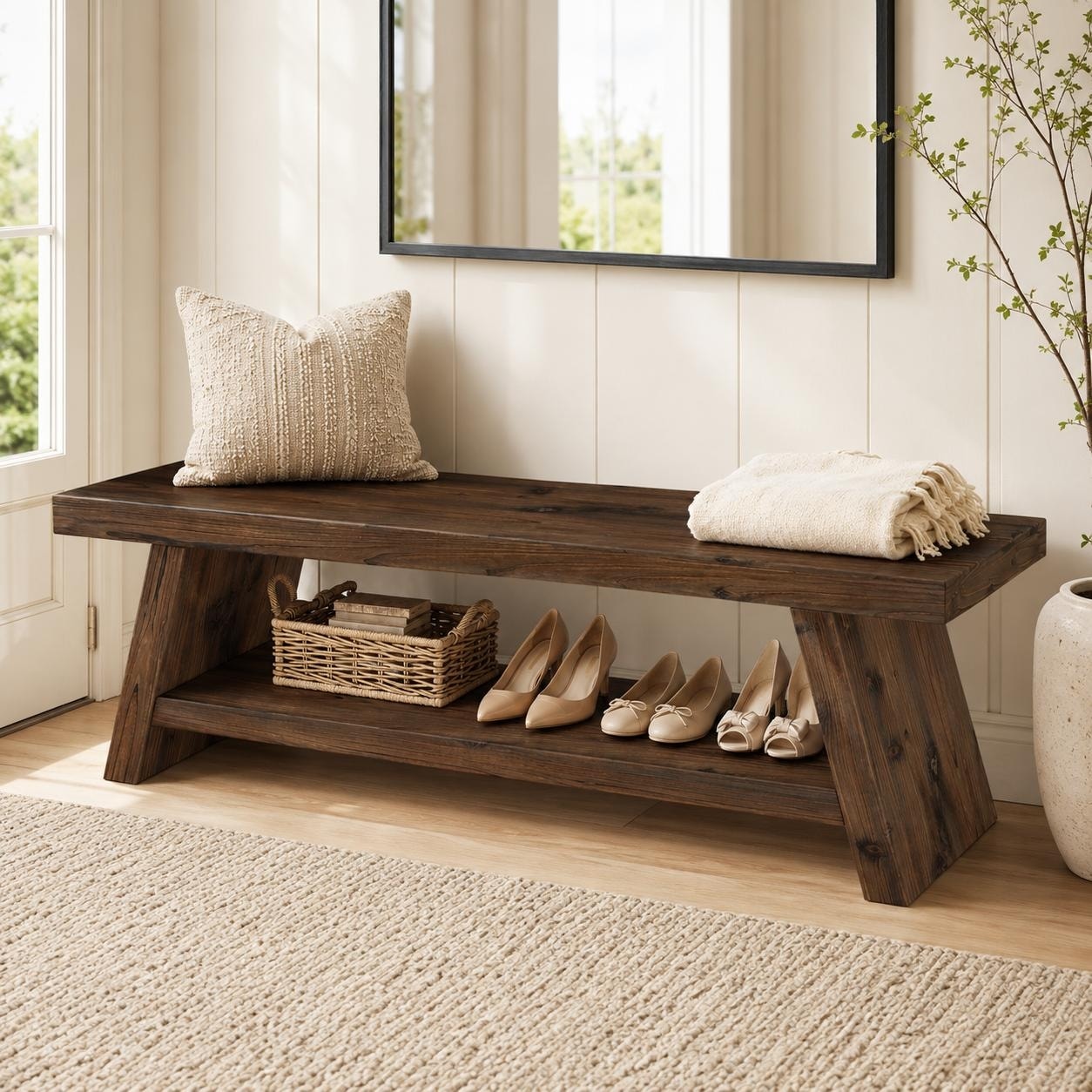 47.2" Solid Wood Entryway Shoe Bench with Open Storage Shelf - 47.24"W × 13.78"D × 17.72"H