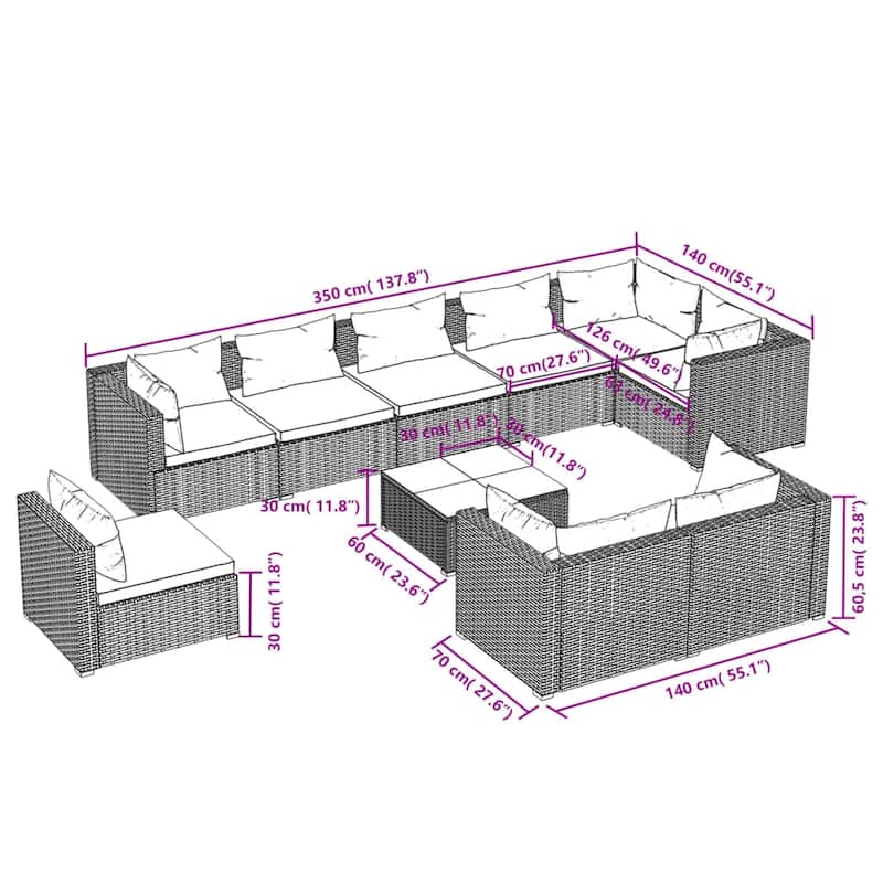 vidaXL Patio Lounge Set Outdoor Sectional Sofa Set Table Garden Poly Rattan - 27.6" x 27.6" x 23.8"