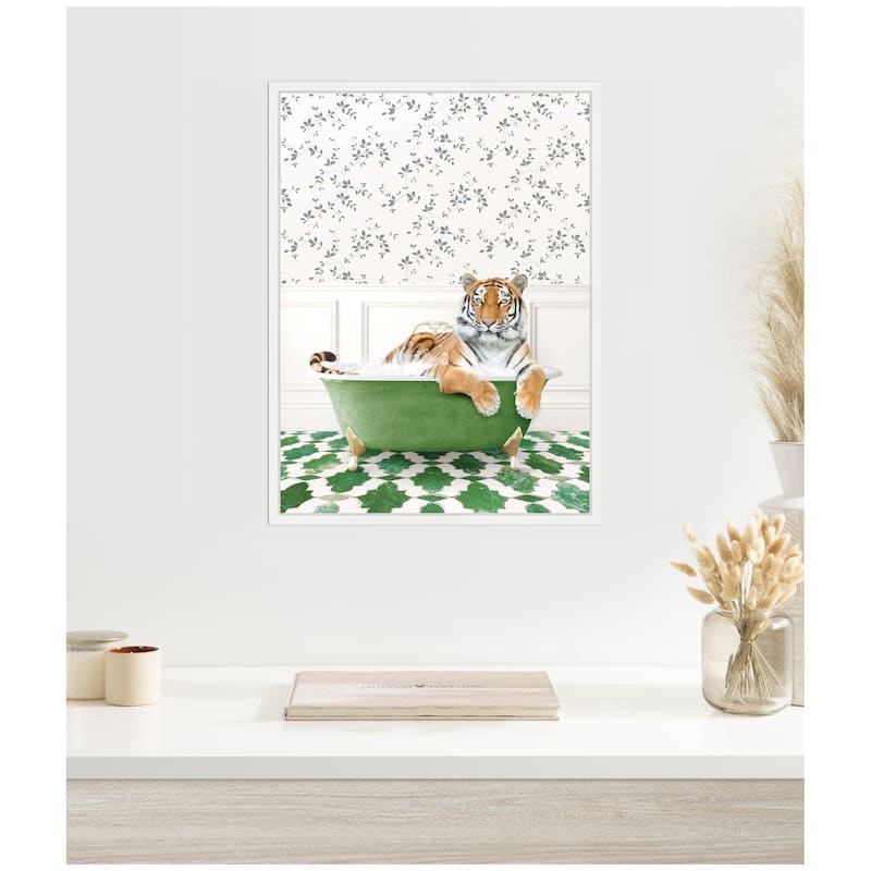 Kate and Laurel Sylvie Tiger in Eclectic Green Bathtub Framed Canvas by Amy Peterson