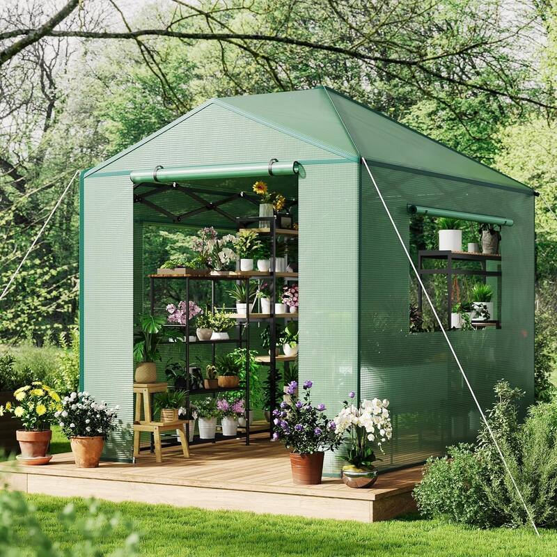 6*8 ft Portable Pop-Up Greenhouse, Featuring Zippered Doors and Mesh Window Walls, Green. - 6*8FT - 6*8FT