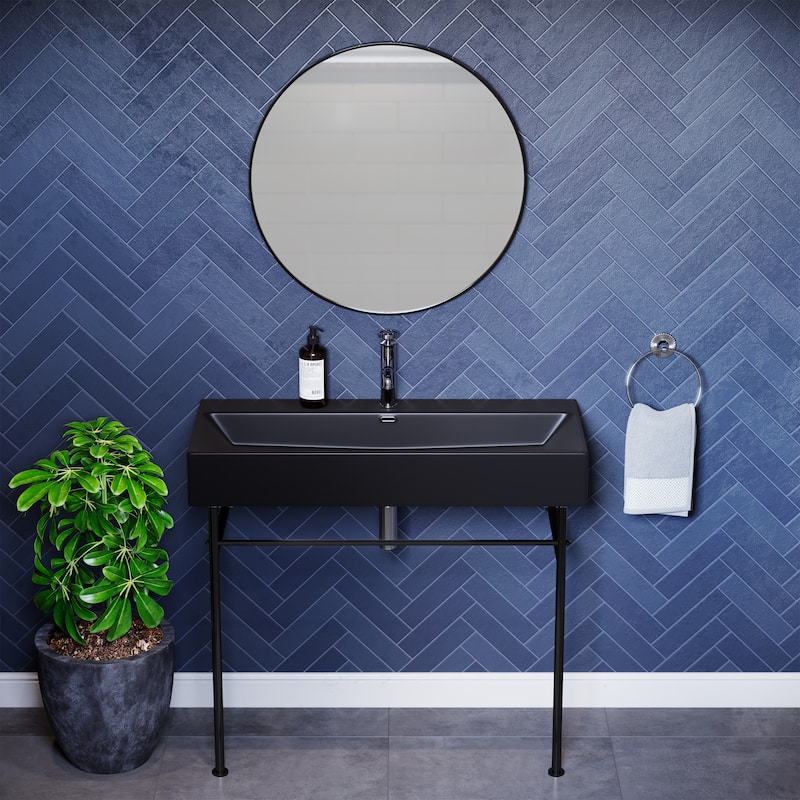 Reims 40 Ceramic Console Sink Matte Black Basin Black Legs - 39.35" x 16.55" 35.45"