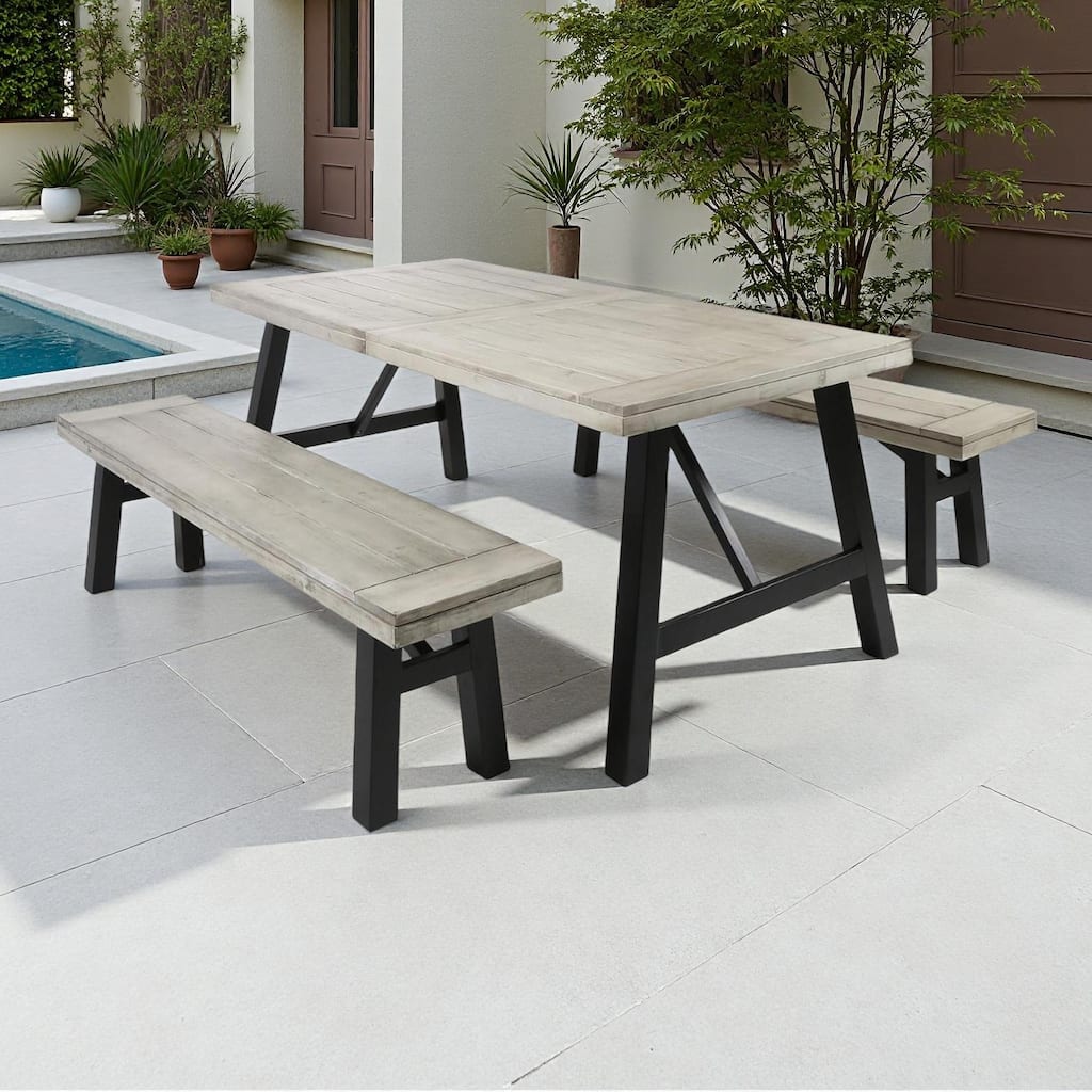 3-Piece Outdoor Patio Picnic Dining Set with 2 Benches, Acacia Wood and Metal Frame