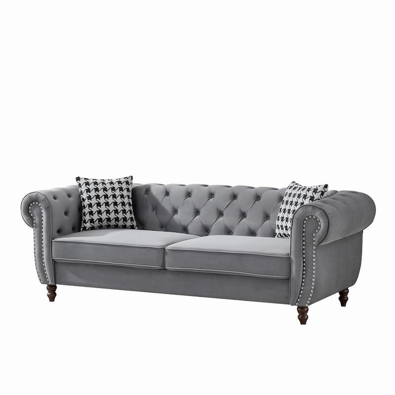 87"Chesterfield ‌Velvet Upholstery Fabric Sofa With Roll Armrest & Nailhead,Upholstered Modern Couch,3 Seater Couch
