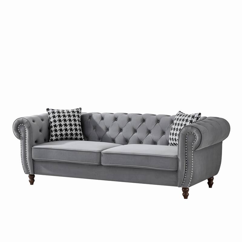 Roomfitters 87" Classic Chesterfield Upholstered Sofa with Scrolled Arms and Nailhead Trim, Button Back Living Room Couch