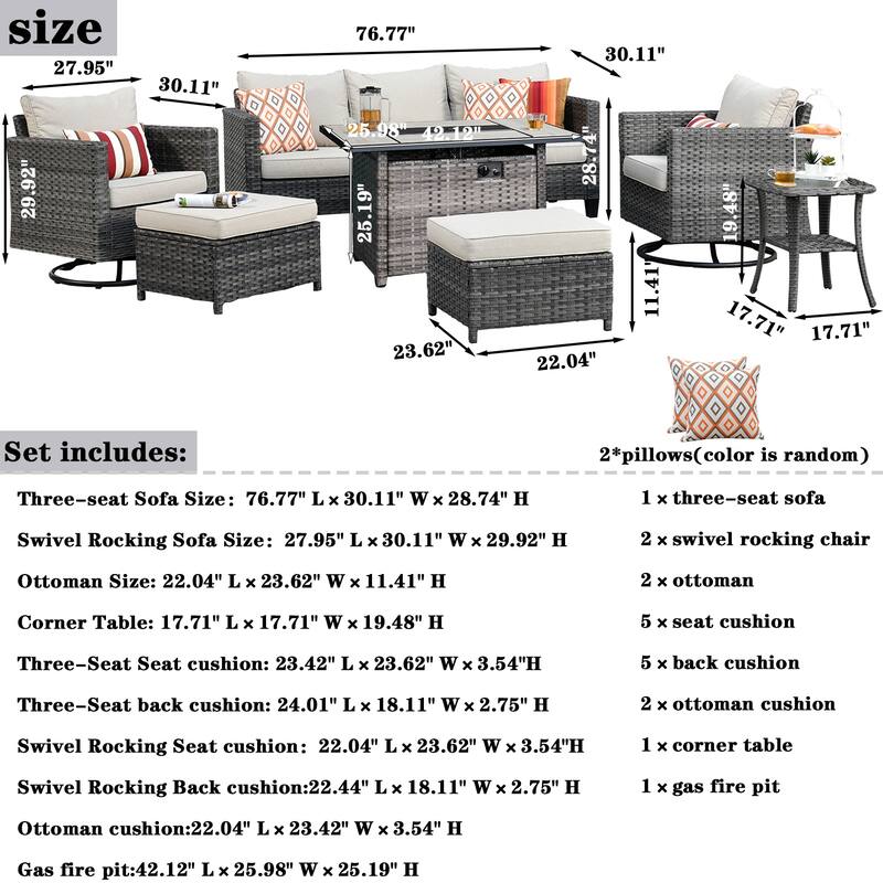 OVIOS 7-piece Wicker Sectional Sofa Swivel Rocking Chair Set With Fire Pit