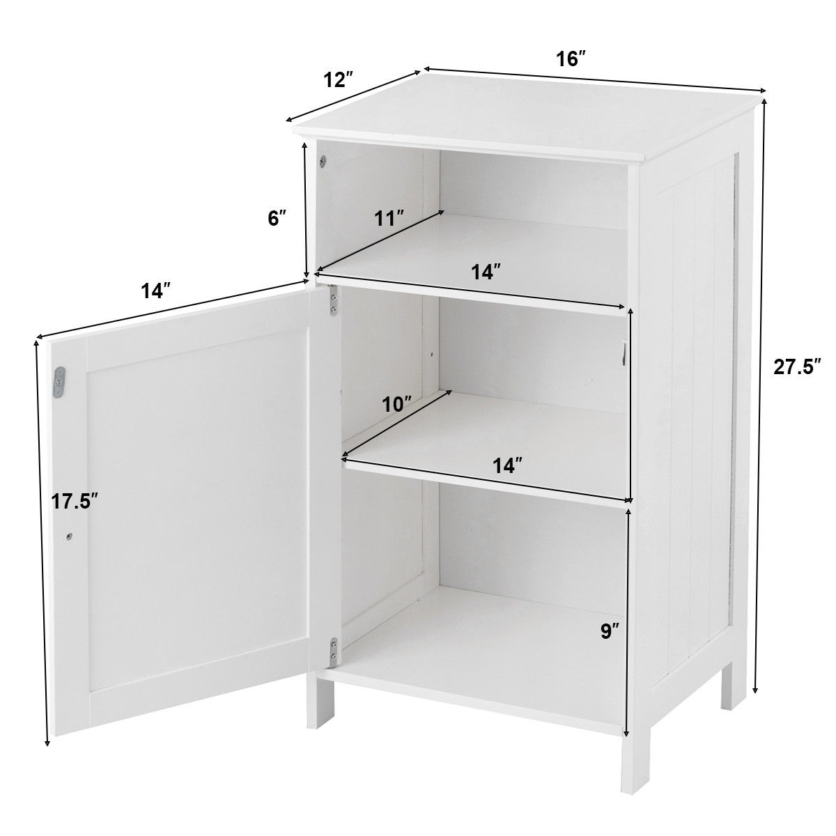 Gymax Bathroom Floor Storage Cabinet Side Table Adjustable Shelf Organize Freestanding