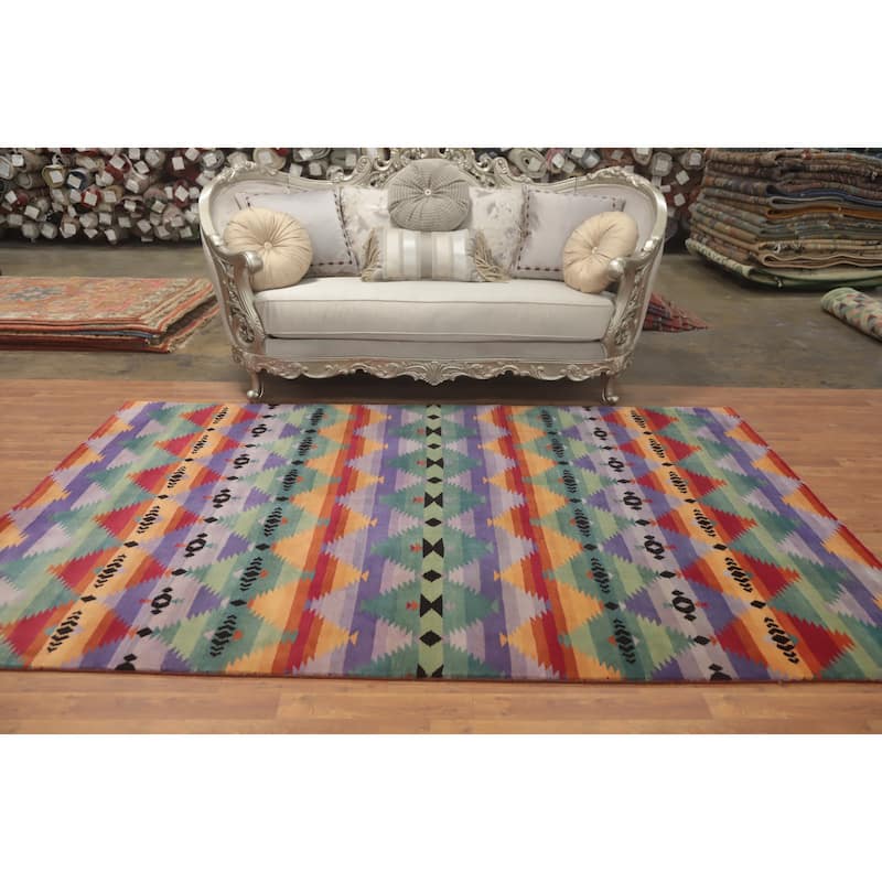 Hand-knotted Tribal Wool Purples Geometric Oriental Area Rug - 9' 2'' X 5' 10''