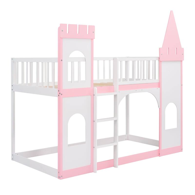 Pink Twin Over Twin Castle Bunk Bed with Ladder - Kids Play & Sleep Space