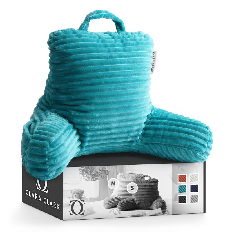 Clara Clark Cut Plush Striped Reading Pillow - Back Support Shredded Memory Foam Bed Rest Pillow with Arms - Small - Teal