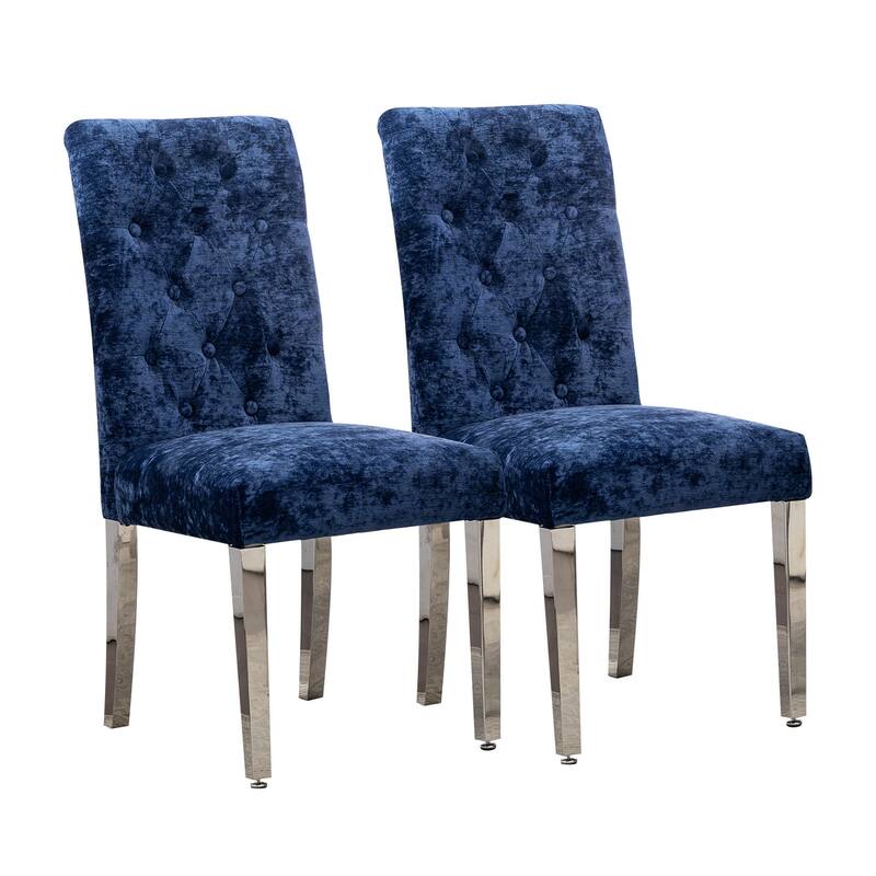 Set of 2 Modern Dining Chairs with Plush Velvet Upholstery & Sturdy Stainless Steel Legs - Deep Blue