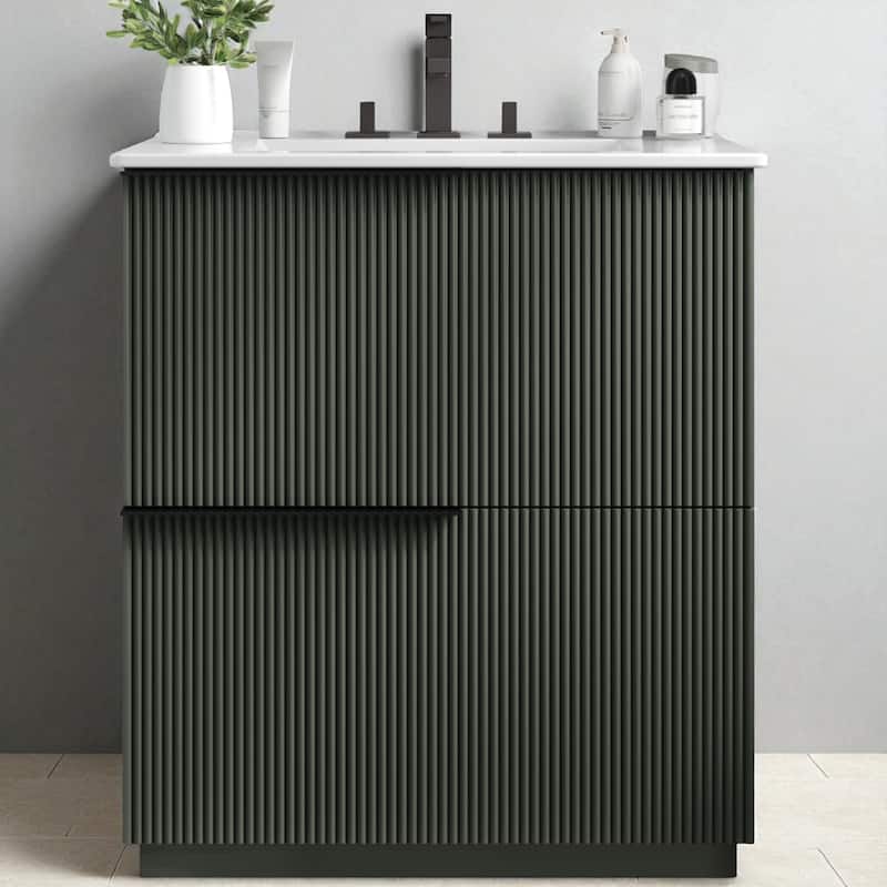 30" Bathroom Vanity with Ceramic Sink, Full-Extension Drawers, Soft-Close Undermount Slides, Fluted Design - Green