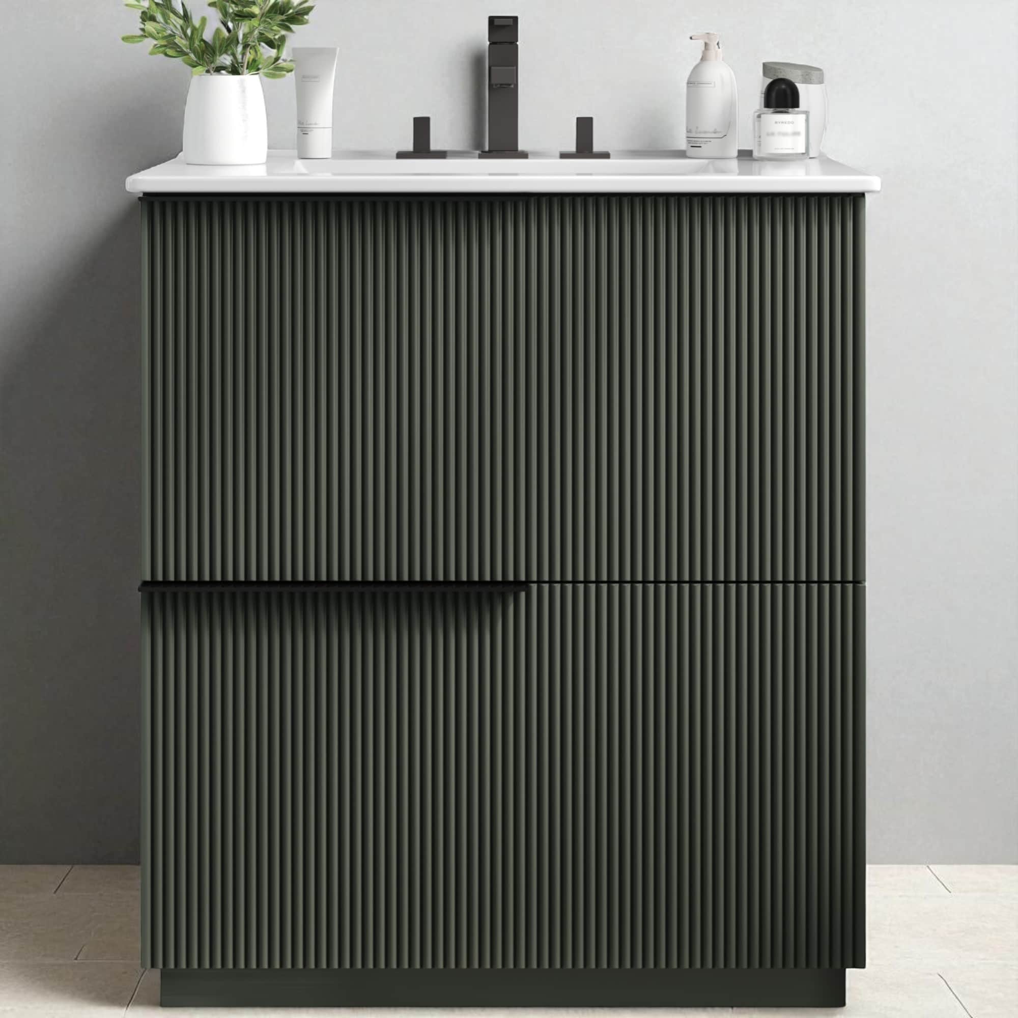 30" Bathroom Vanity with Ceramic Sink, Full-Extension Drawers, Soft-Close Undermount Slides, Fluted Design