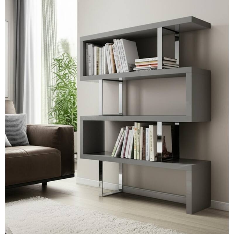 HomeRoots 67" Gray And Silver Metal and Wood Three Tier Etagere Bookcase - Silver/Gray