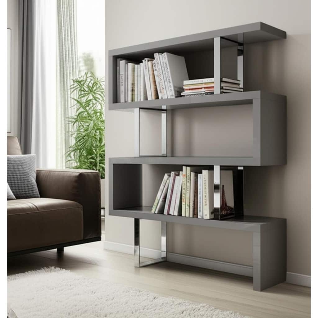 HomeRoots 67" Gray And Silver Metal and Wood Three Tier Etagere Bookcase