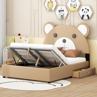 Full Size Upholstery Platform Bed with Cute Bear Shaped Headboard & 2 Storage Drawers, Kids Wood Bedframe with Hydraulic Storage