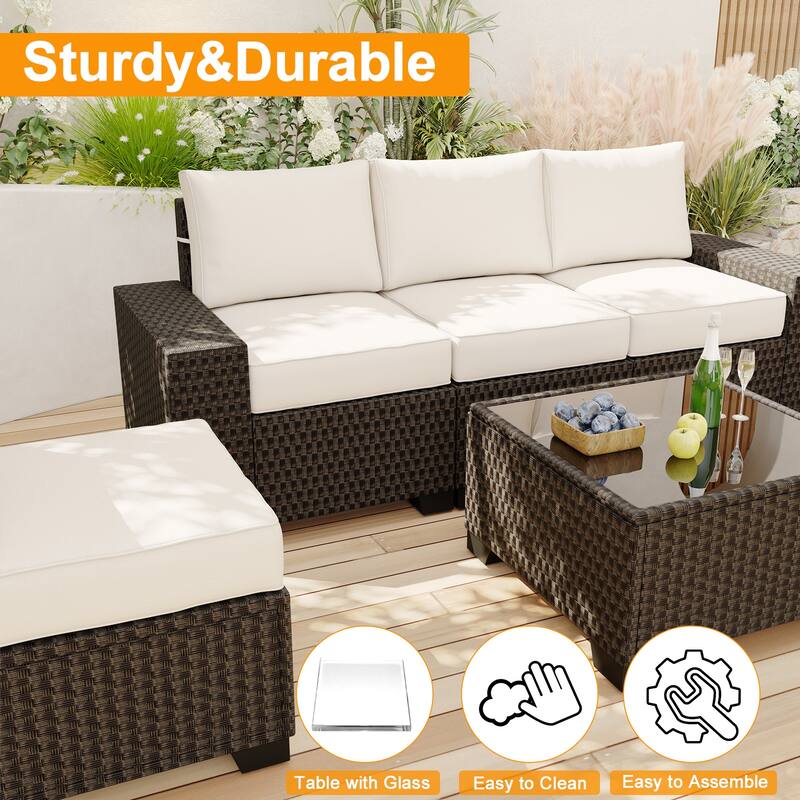 Outdoor Patio Sofa,6 Piece Rattan Furniture Set with Glass Table