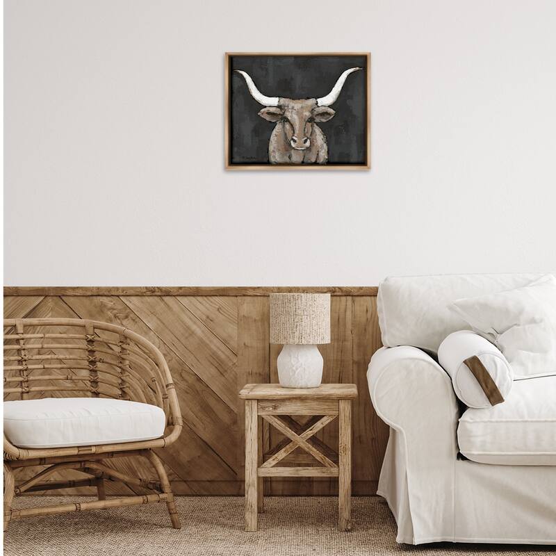 Stupell Longhorn on Murky Grey Framed Floater Canvas Wall Art Design By Sara Baker