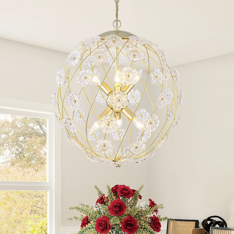 Modern 6-Light Glass Flower Globe Pendant Chandelier for Dining Room - Dia.20-in