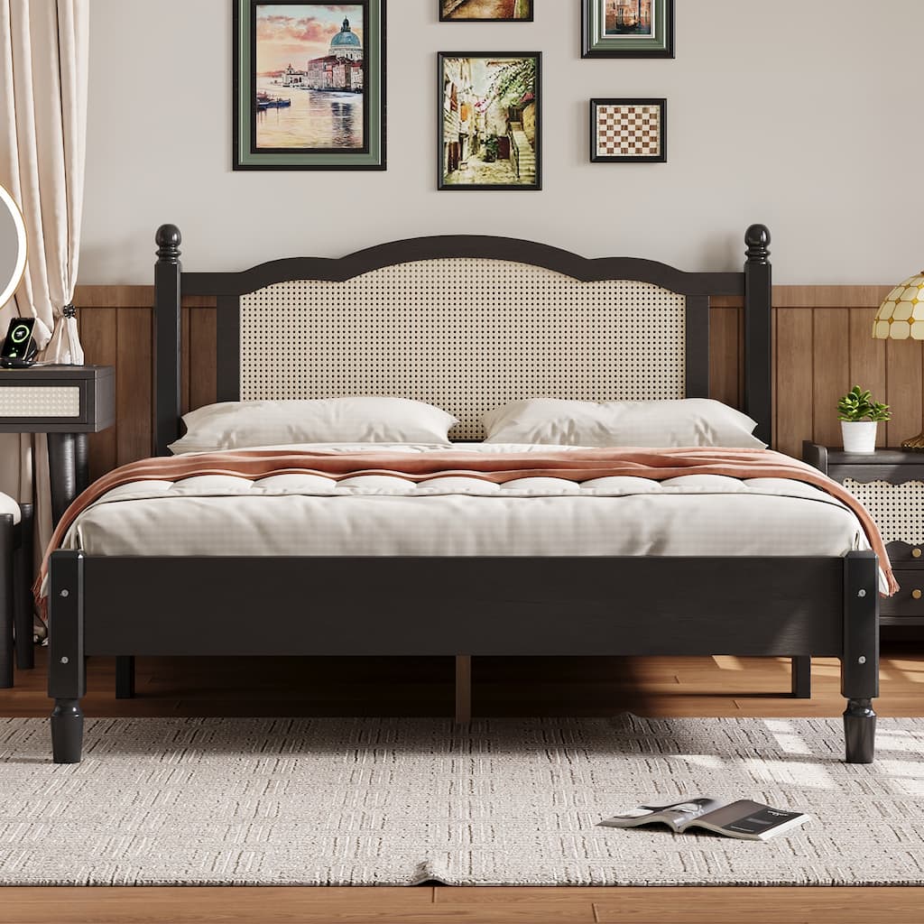Black Queen Size Vintage Wooden Bed with Rattan Headboard & Slat Support