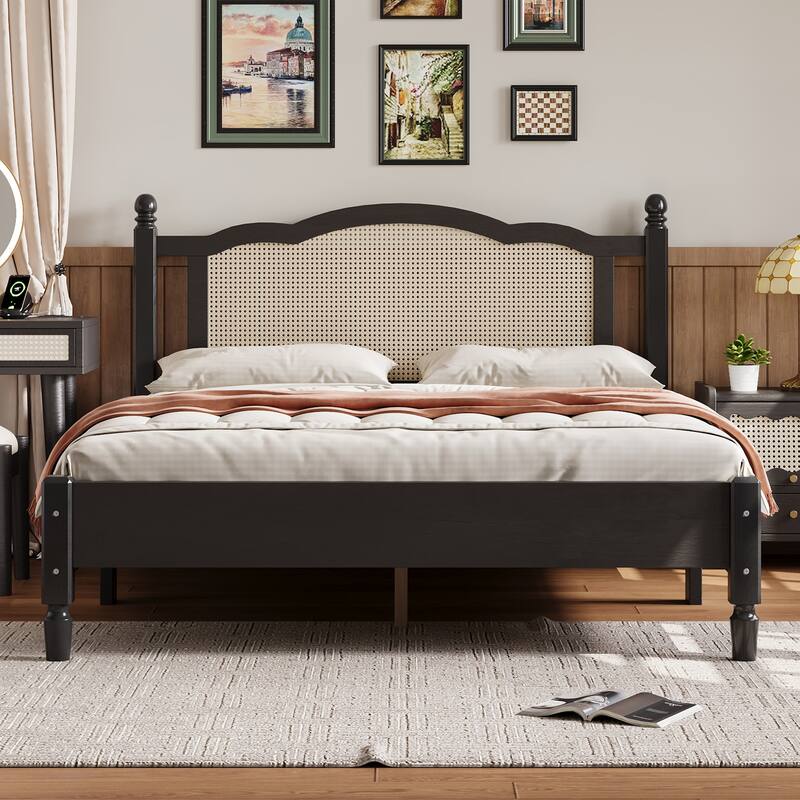 Queen Size Wooden Platform Bed with Natural Rattan Headboard, Vintage Bed Frame, Black - Black