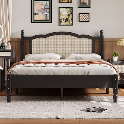 Roomfitters Queen Size Wooden Platform Bed with Natural Rattan Headboard, Vintage-Inspired Bed Frame