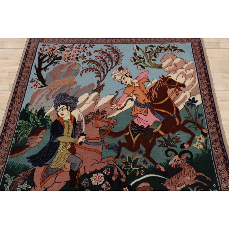 3x4'3'' Hand Knotted Wool &Silk Green Traditional 600 KPSI Are Rug - 3' x 4' 3''