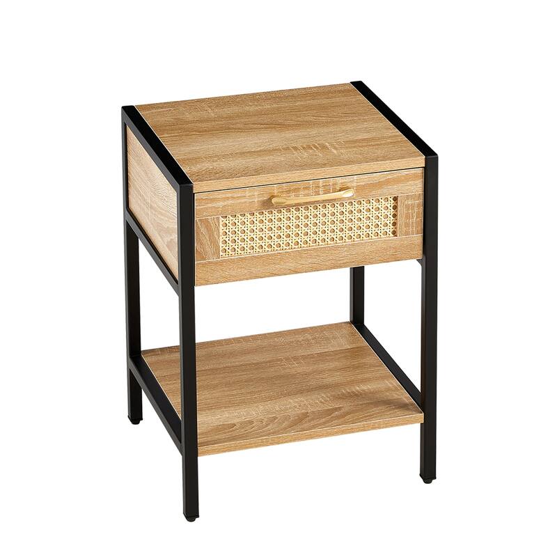 Rattan End Table with Drawer and Metal Legs