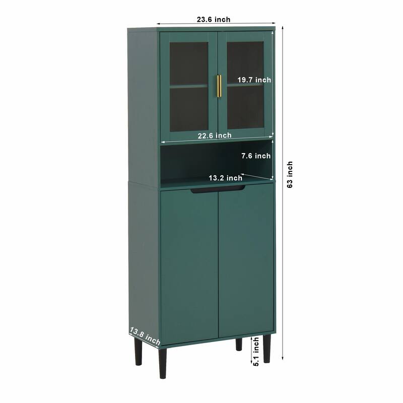 Tall Kitchen Pantry Cabinet with 2 Glass Display Doors & 2 Solid Doors