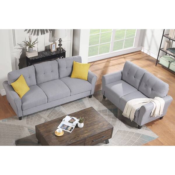 slide 11 of 18, Modern Design Loveseat and 3-Seat Sofa, Living Room Sofa Set Linen Upholstered Couch Furniture for Home, Easy Assembly Light Grey-Blue
