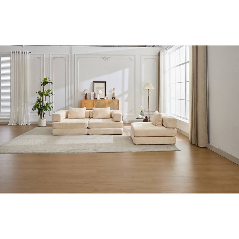 Chenille Fabric Compression Sofa, Boneless Modular Sectional Sofa, Convertible Floor Sofa Bed with Fixed-Shape Frame