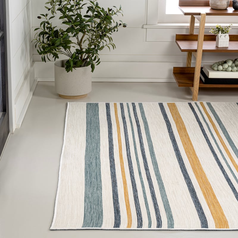 JONATHAN Y Reversible Zephyr Classic Coastal Ticking Stripe Machine-Washable Cream/Navy Indoor/Outdoor Rug