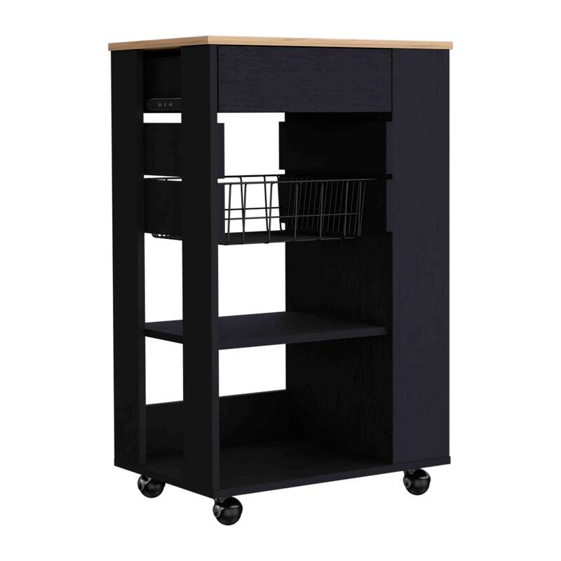 Kitchen Cart, 1 Drawer & 2 Open Shelves, 4 Casters, White & Light Oak - Mobile Storage Rack