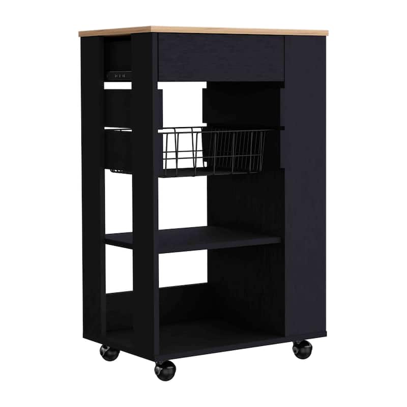 Kitchen Cart, One Drawer, Two Open Shelves, Four Casters -White / Light Oak
