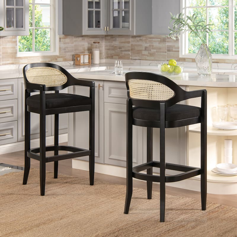 Americana Mid-Century Modern Rattan Cane Back Counter and Bar Stool - Set of 2 - Jet Black Polyester - Bar Height