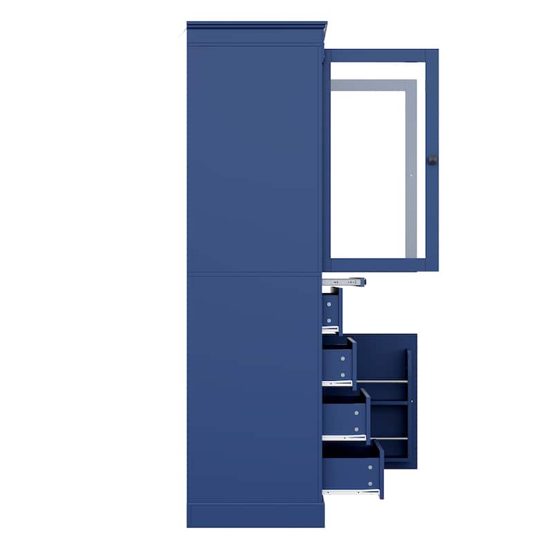 72''H Kitchen Pantry, Display Storage Cabinet with Glass Doors and Drawers, Serving Trays and Shelves