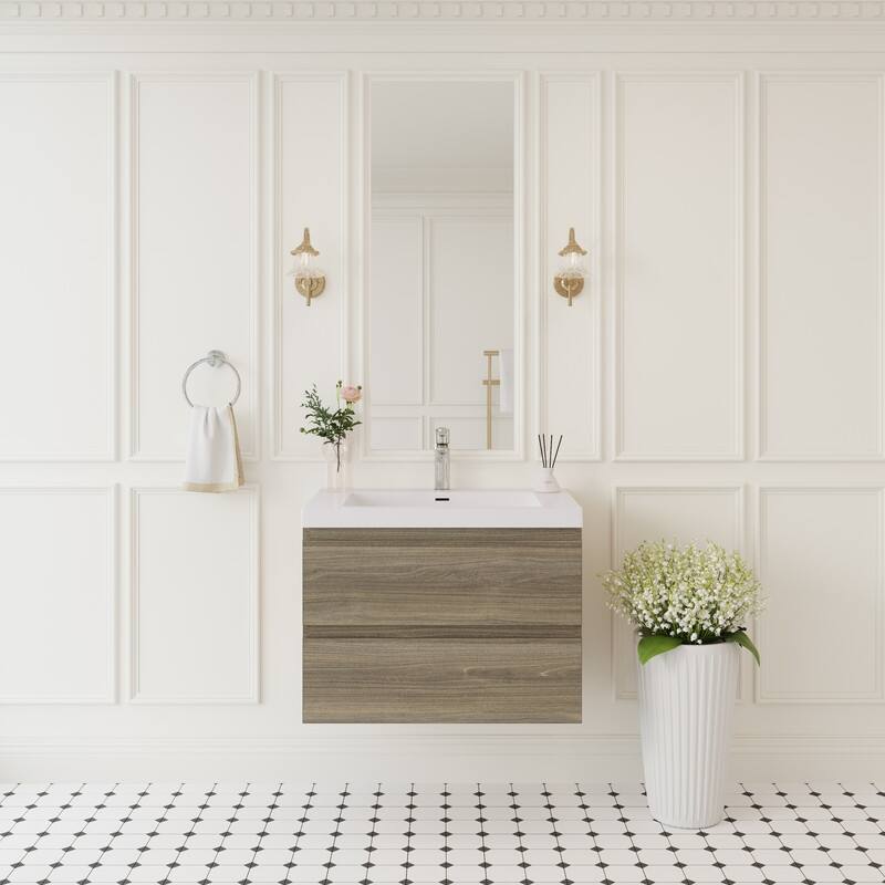 ABRUZZO 30" Floating Single Bathroom Vanity Wall-Mounted with Integrated Resin Top Basin 2 Soft Close Drawers Full Assembly - Ash Grey