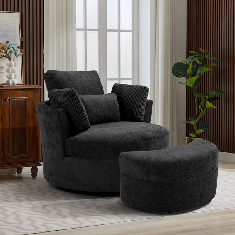 41" W Oversized Accent Barrel Swivel Chair with Moon Storage Ottoman