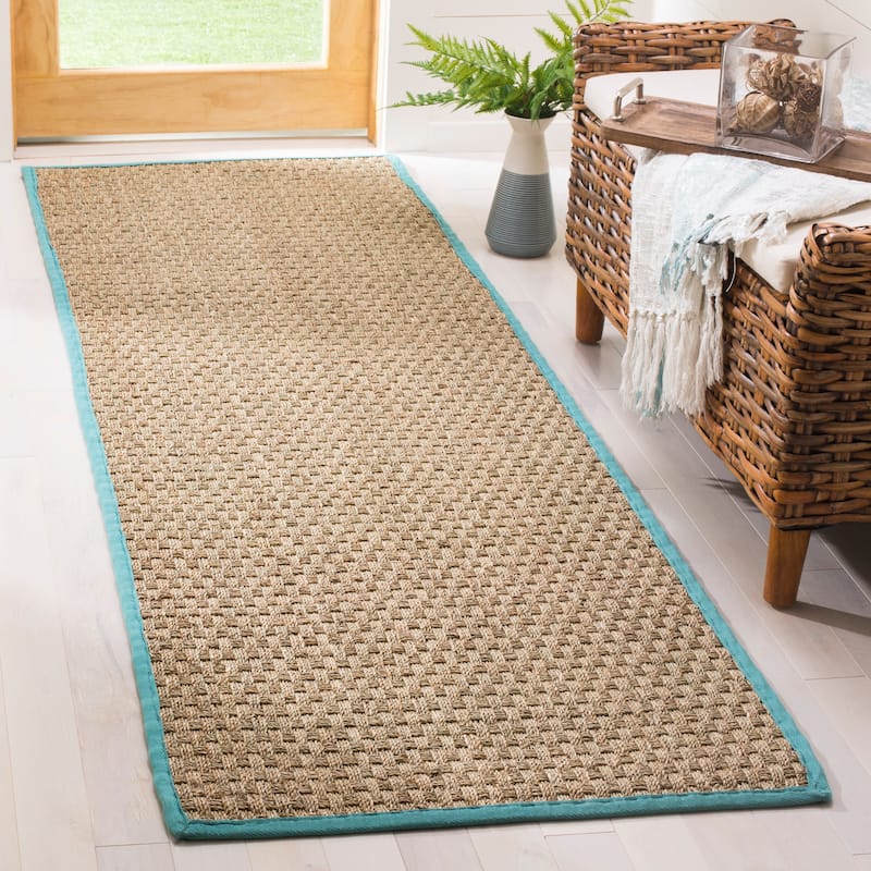 SAFAVIEH Natural Fiber Marina Basketweave Seagrass Rug - 2'6" x 12' Runner - Natural/Teal