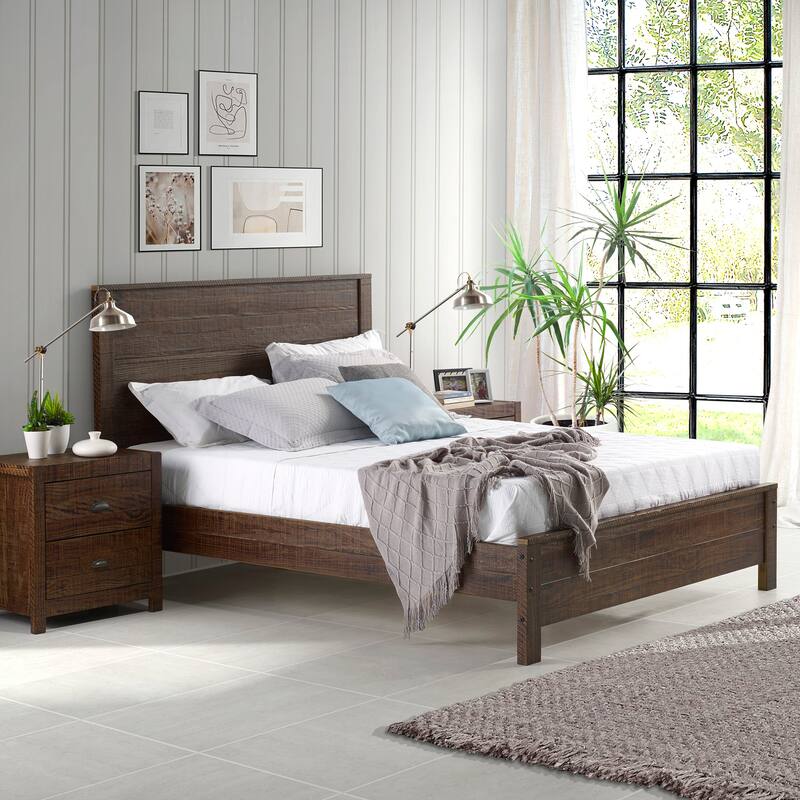 Solid Wood Bed, Modern Rustic Wooden Twin Size Bed Frames Box Spring Needed - Queen - Brown