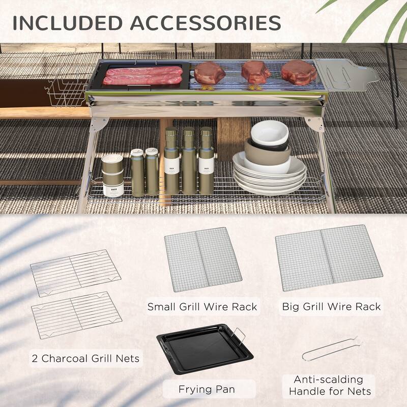 Charcoal Grill, Stainless Steel Portable Folding BBQ, Outdoor Hibachi, Tailgating and Travel with Pan