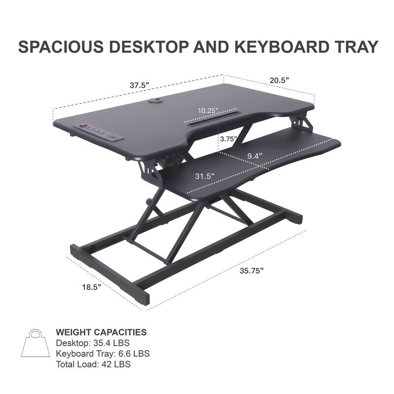 Rocelco 37.4 in. W Beige Electric Standing Desk Converter with AC USB Charger, Motorized Lift, Dual Monitor Riser and Tray