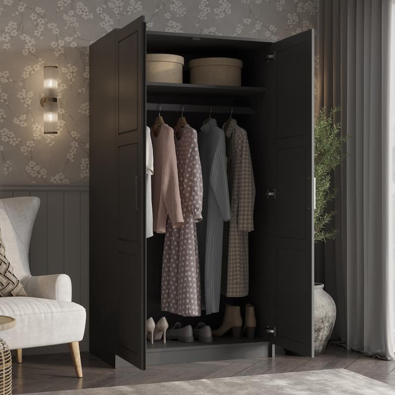 Palace Imports 100% Solid Wood 2-Door Urban Wardrobe Armoire with Solid and Mirrored Doors