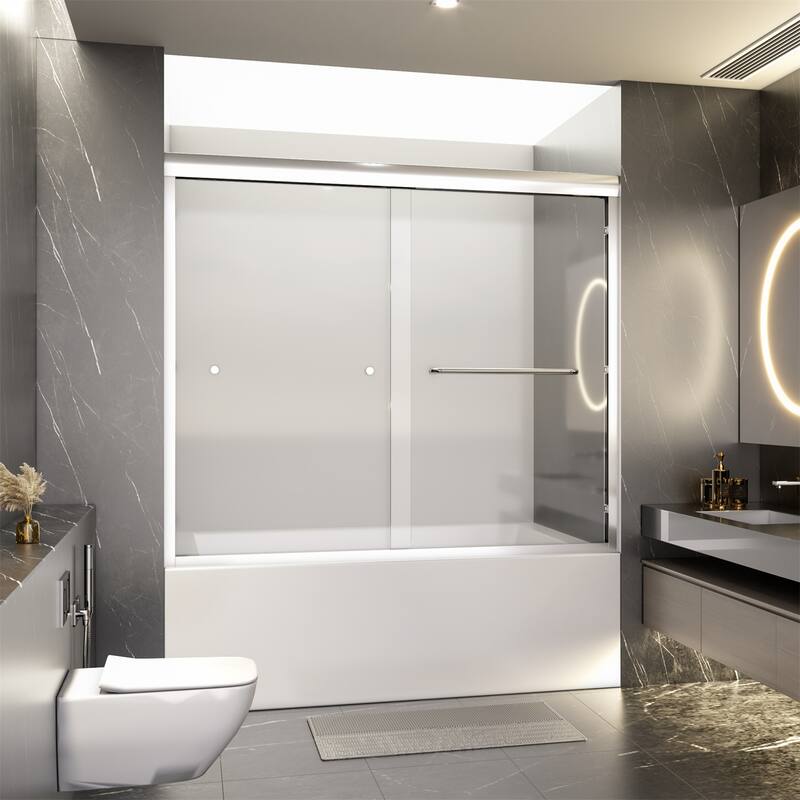Semi-Frameless Double Sliding Tub Door, 1/4" Thick SGCC Tempered Glass